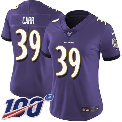Baltimore Ravens #39 Brandon Carr Purple Team Color Women's Stitched 100th Season Vapor Untouchable Limited Jersey Womens