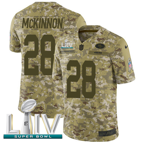 San Francisco 49ers #28 Jerick McKinnon Camo Super Bowl LIV 2020 Youth Stitched Limited 2018 Salute To Service Jersey Youth