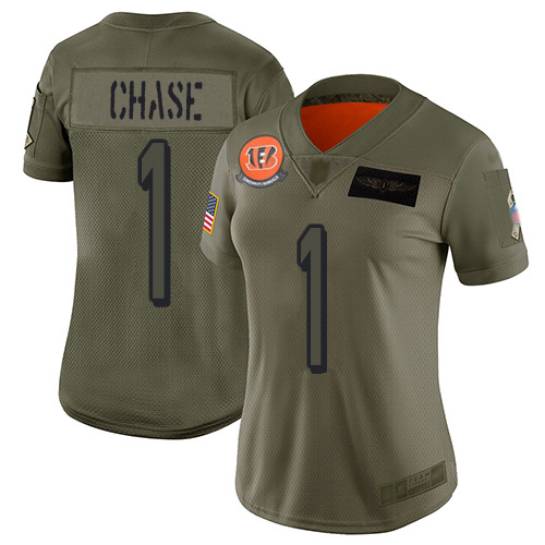 Bengals #1 Ja'Marr Chase Camo Women's Stitched Limited 2019 Salute To Service Jersey