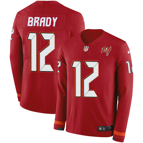 Buccaneers #12 Tom Brady Red Team Color Men's Stitched Limited Therma Long Sleeve Jersey