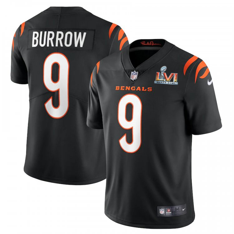 Cincinnati Bengals #9 Joe Burrow Black Super Bowl LVI Patch Youth Vapor Limited Jersey
