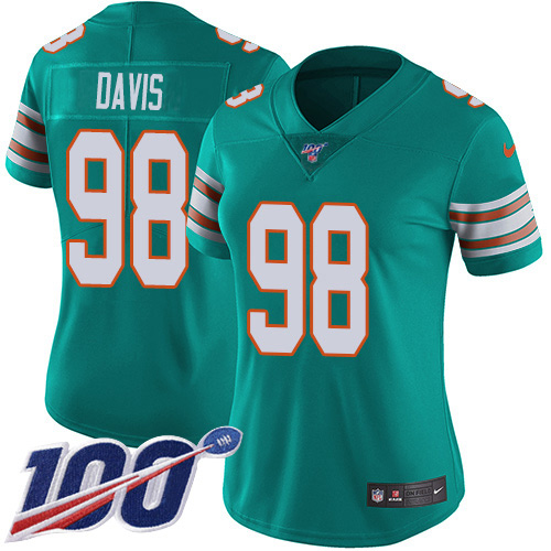 Miami Dolphins #98 Raekwon Davis Aqua Green Alternate Women's Stitched 100th Season Vapor Untouchable Limited Jersey Womens