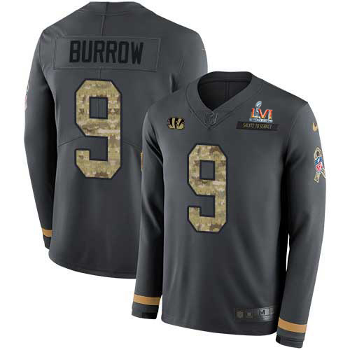 Bengals #9 Joe Burrow Anthracite Super Bowl LVI Patch Salute To Service Youth Stitched Limited Therma Long Sleeve Jersey