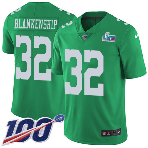 Eagles #32 Reed Blankenship Green Super Bowl LVII Patch Men's Stitched Limited Rush 100th Season Jersey