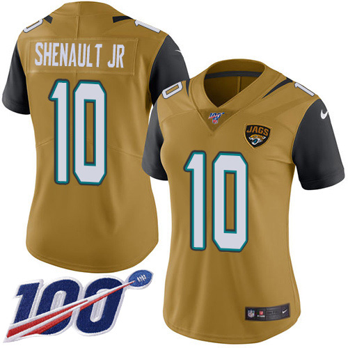 Jacksonville Jaguars #10 Laviska Shenault Jr. Gold Women's Stitched Limited Rush 100th Season Jersey Womens