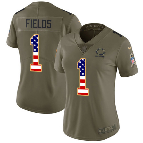 Bears #1 Justin Fields Olive/USA Flag Women's Stitched Limited 2017 Salute To Service Jersey