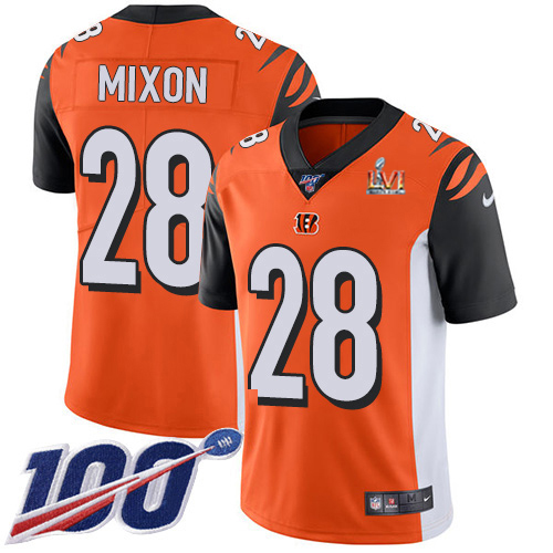 Bengals #28 Joe Mixon Orange Super Bowl LVI Patch Alternate Youth Stitched 100th Season Vapor Limited Jersey