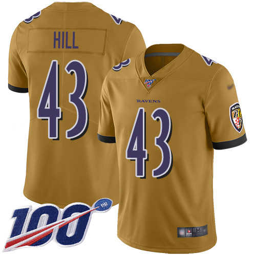 Baltimore Ravens #43 Justice Hill Gold Men's Stitched Limited Inverted Legend 100th Season Jersey Men's