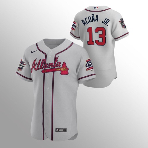 Atlanta Atlanta Braves #13 Ronald Acuna Jr. Men's 150th Anniversary 2021 World Series Authentic Jersey - Grey Men's