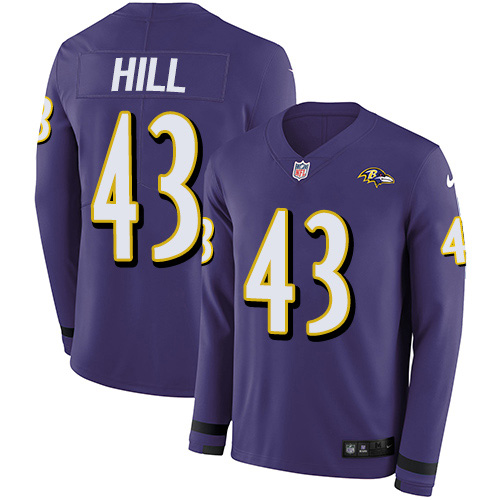 Baltimore Ravens #43 Justice Hill Purple Team Color Men's Stitched Limited Therma Long Sleeve Jersey Men's