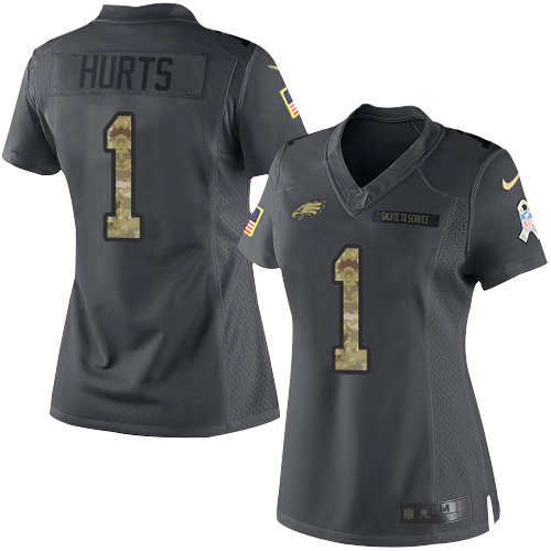 Eagles #1 Jalen Hurts Black Women's Stitched Limited 2016 Salute To Service Jersey