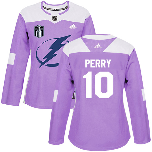 Adidas Tampa Bay Lightning #10 Corey Perry Purple Women's Authentic 2022 Stanley Cup Final Patch Fights Cancer Stitched Jersey Womens