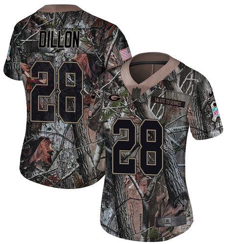 Packers #28 AJ Dillon Camo Women's Stitched Limited Rush Realtree Jersey