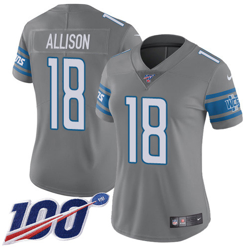 Detroit Lions #18 Geronimo Allison Gray Women's Stitched Limited Rush 100th Season Jersey Womens