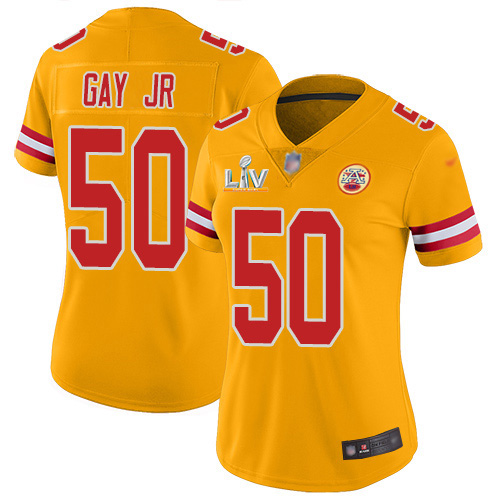 Kansas City Chiefs #50 Willie Gay Jr. Gold Women's Super Bowl LV Bound Stitched Limited Inverted Legend Jersey Womens