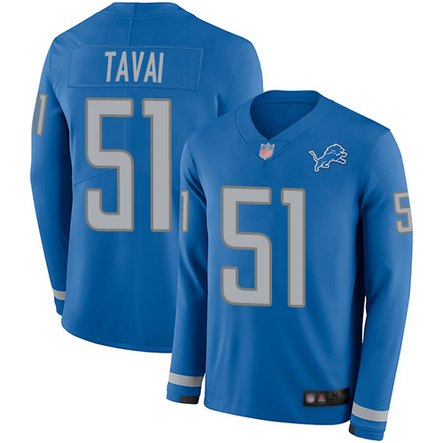 Detroit Lions #51 Jahlani Tavai Blue Team Color Men's Stitched Limited Therma Long Sleeve Jersey Men's