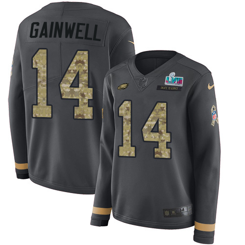Eagles #14 Kenneth Gainwell Anthracite Salute To Service Super Bowl LVII Patch Women's Stitched Limited Therma Long Sleeve Jersey