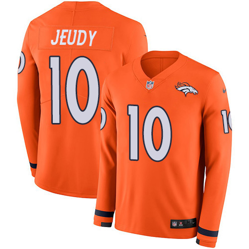 Broncos #10 Jerry Jeudy Orange Team Color Men's Stitched Limited Therma Long Sleeve Jersey