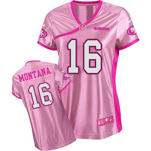 49ers #16 Joe Montana Pink Women's Be Luv'd Stitched Elite Jersey