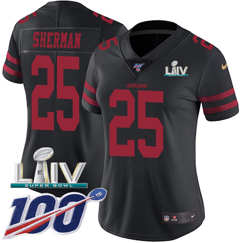 San Francisco 49ers #25 Richard Sherman Black Super Bowl LIV 2020 Alternate Women's Stitched 100th Season Vapor Limited Jersey Womens