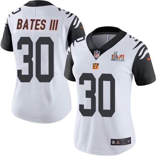 Bengals #30 Jessie Bates III White Super Bowl LVI Patch Women's Stitched Limited Rush Jersey