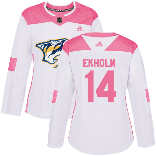 Adidas Nashville Predators #14 Mattias Ekholm White/Pink Authentic Fashion Women's Stitched Jersey Womens