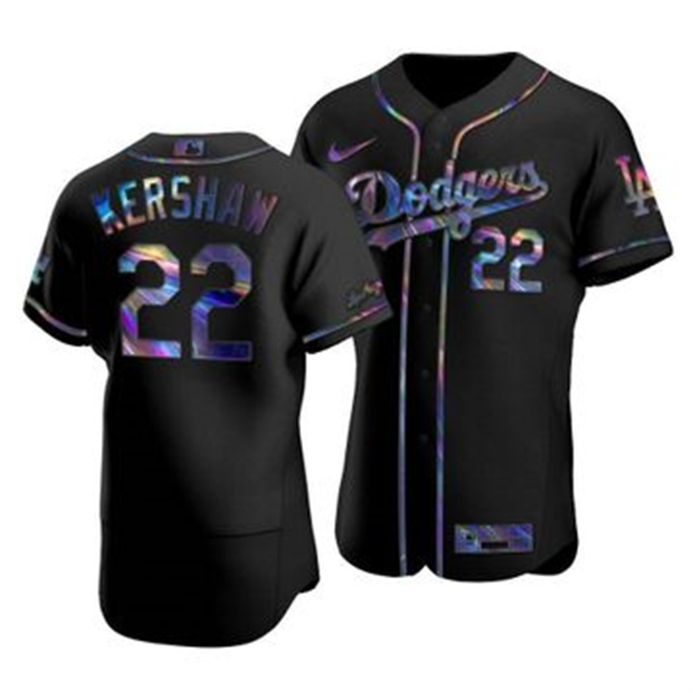 Los Angeles Dodgers #22 Clayton Kershaw Men's Iridescent Holographic Collection Jersey - Black