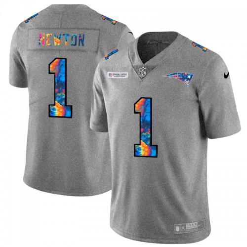 New England New England Patriots #1 Cam Newton Men's Multi-Color 2020 Crucial Catch Jersey Greyheather Men's