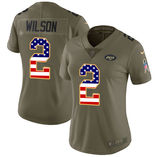 Jets #2 Zach Wilson Olive/USA Flag Women's Stitched Limited 2017 Salute To Service Jersey