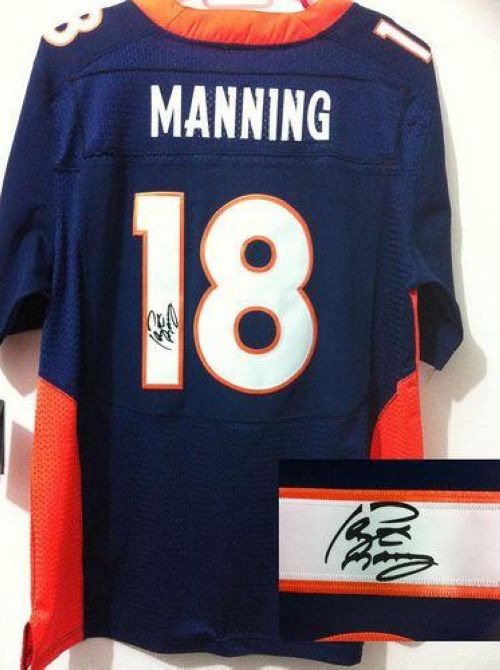Broncos #18 Peyton Manning Navy Blue Alternate Men's Stitched Elite Autographed Jersey