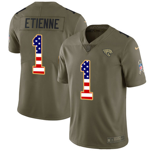 Jaguars #1 Travis Etienne Olive/USA Flag Men's Stitched Limited 2017 Salute To Service Jersey