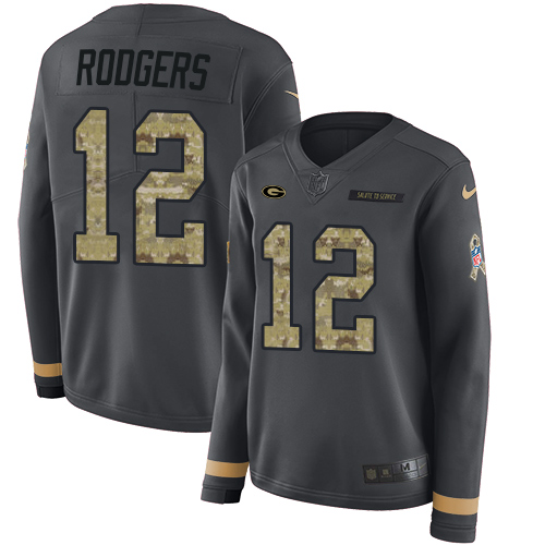 Packers #12 Aaron Rodgers Anthracite Salute To Service Women's Stitched Limited Therma Long Sleeve Jersey
