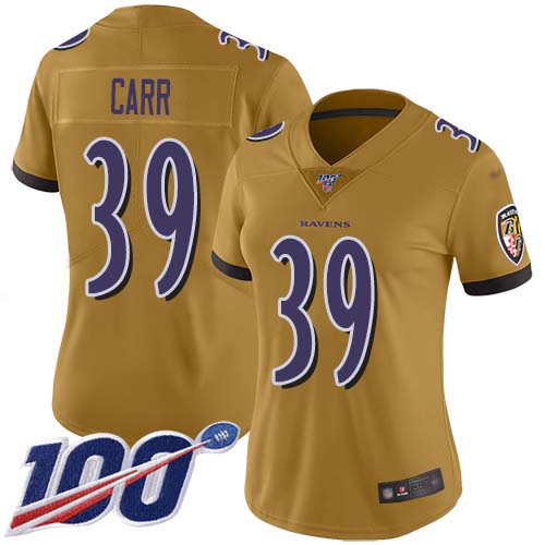 Baltimore Ravens #39 Brandon Carr Gold Women's Stitched Limited Inverted Legend 100th Season Jersey Womens