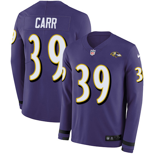 Baltimore Ravens #39 Brandon Carr Purple Team Color Men's Stitched Limited Therma Long Sleeve Jersey Men's