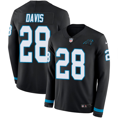 Carolina Panthers #28 Mike Davis Black Team Color Youth Stitched Limited Therma Long Sleeve Jersey Youth