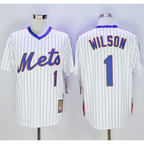 Mitchell and Ness New York Mets #1 Mookie Wilson Stitched White Blue Strip Throwback Jersey Men's