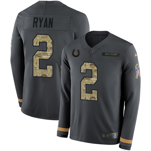 Colts #2 Matt Ryan Anthracite Salute To Service Youth Stitched Limited Therma Long Sleeve Jersey