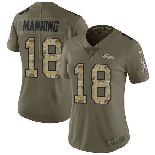 Broncos #18 Peyton Manning Olive/Camo Women's Stitched Limited 2017 Salute To Service Jersey