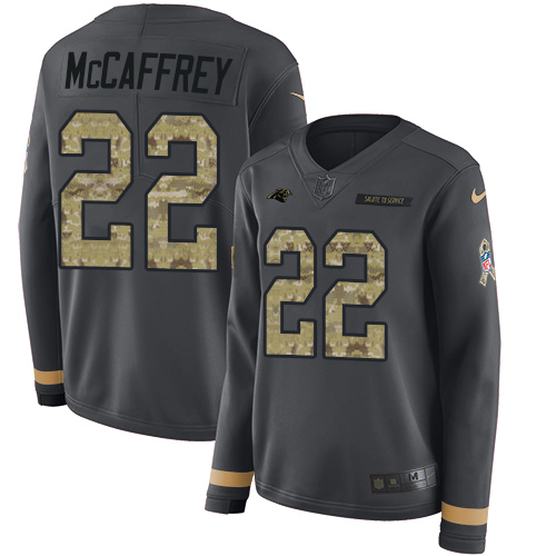 Carolina Panthers #22 Christian McCaffrey Anthracite Salute to Service Women's Stitched Limited Therma Long Sleeve Jersey Womens