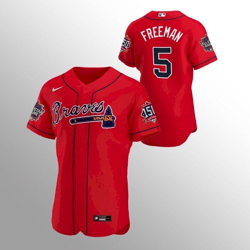 Atlanta Atlanta Braves #5 Freddie Freeman Men's 150th Anniversary 2021 World Series Authentic Jersey - Red Men's