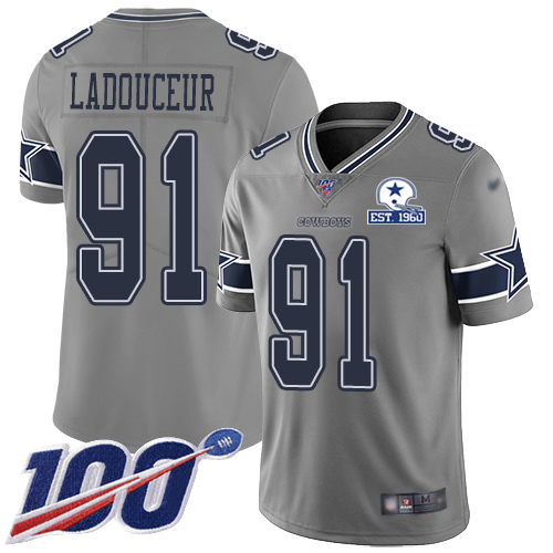 Dallas Cowboys #91 L.P. Ladouceur Gray Men's Stitched With Established In 1960 Patch Limited Inverted Legend 100th Season Jersey Men's
