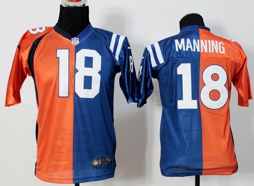 Broncos #18 Peyton Manning Orange/Blue Youth Stitched Elite Split Colts Jersey