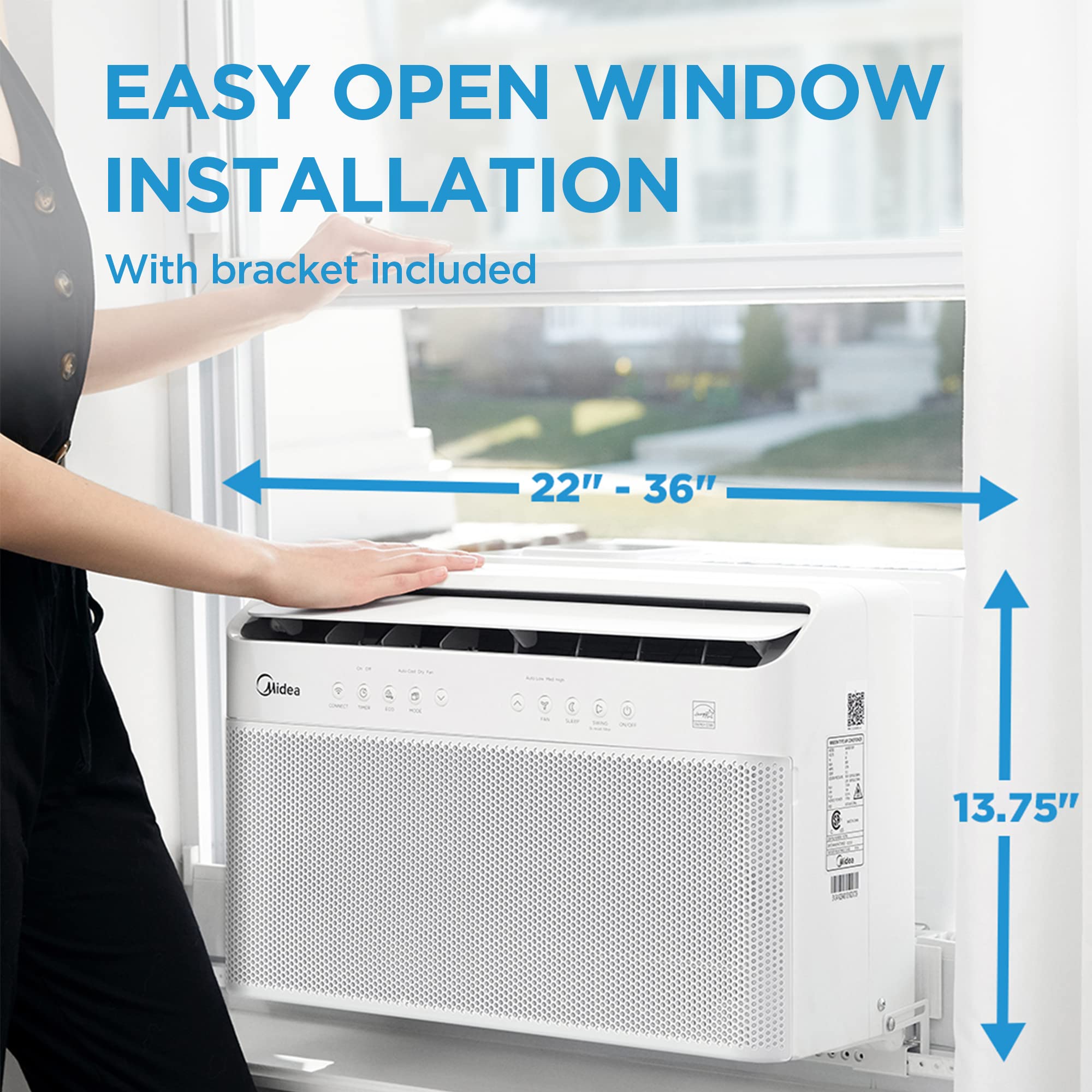 testMidea 8,000 BTU U-Shaped Smart Inverter Air Conditioner u2013Cools up to 350 Sq. Ft., Ultra Quiet with Open Window Flexibility, Works with Alexa/Google Assistant, 35% Energy Savings, Remote Control