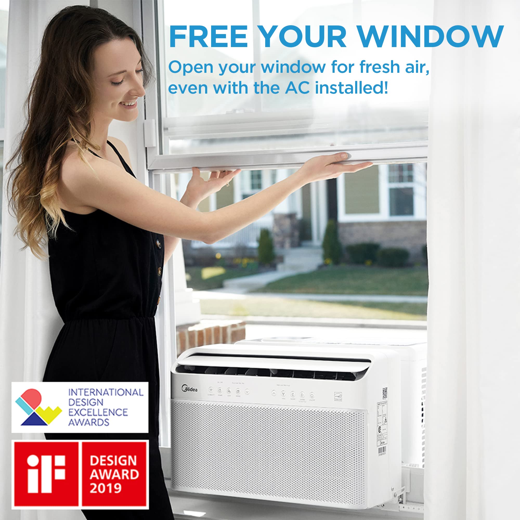 testMidea 8,000 BTU U-Shaped Smart Inverter Air Conditioner u2013Cools up to 350 Sq. Ft., Ultra Quiet with Open Window Flexibility, Works with Alexa/Google Assistant, 35% Energy Savings, Remote Control