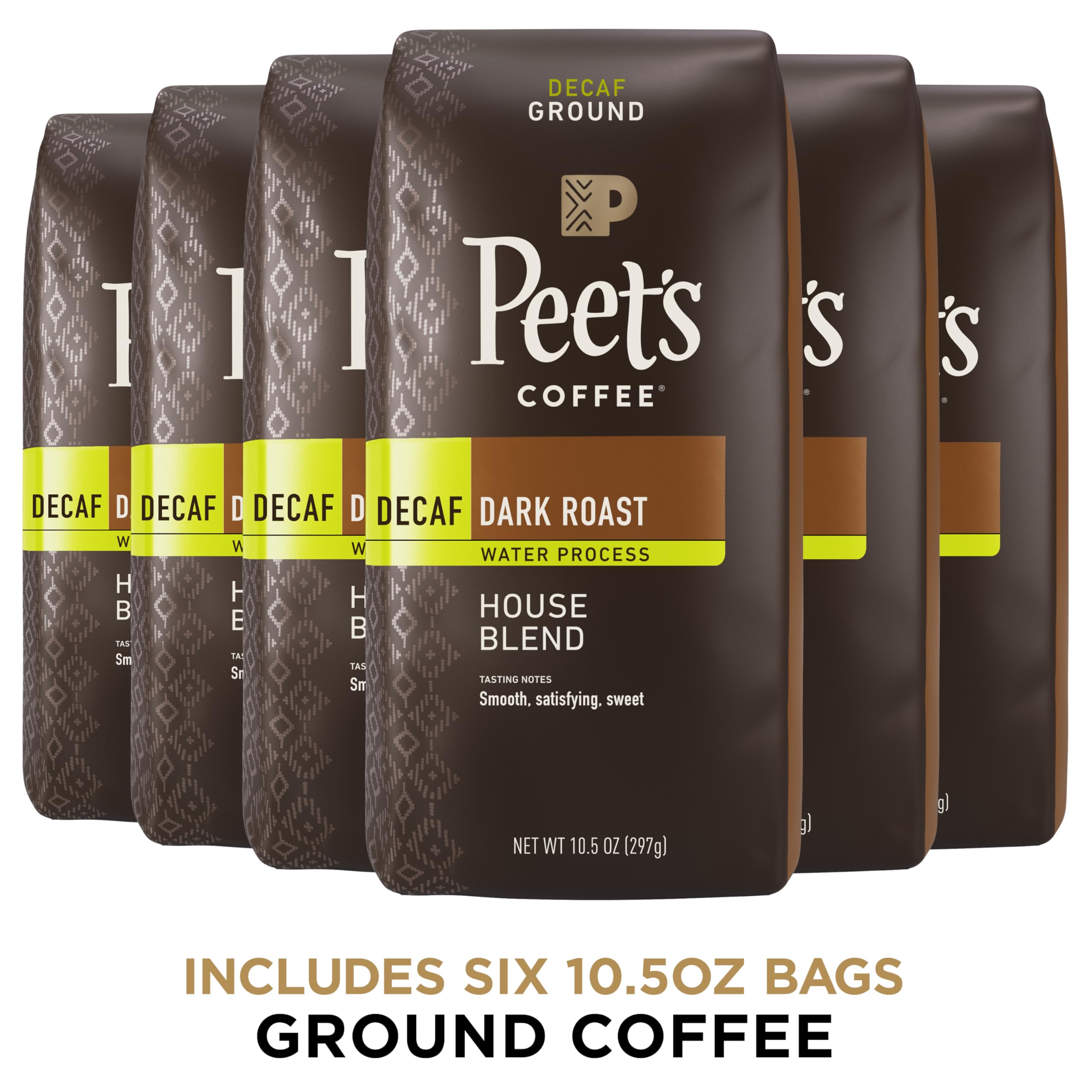 testPeet's Coffee, Dark Roast Decaffeinated Ground Coffee - Decaf House Blend 63 Ounces (Six Bags of 10.5 Ounce)